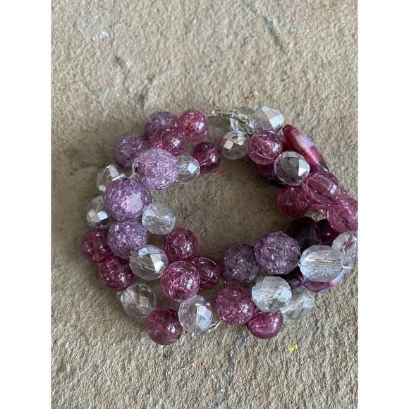 Stretch Bracelet Sparkle Metallic Purple Pink Silver Faceted Beaded - Picture 5 of 5
